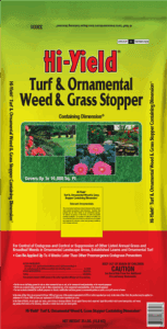 Picture shows a bag of Hi-Yield Turf and Ornamental Weed and Grass Stopper with Dimension.
