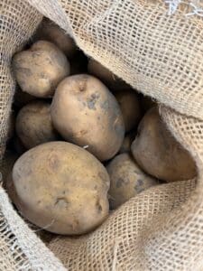 Photo shows potatoes in a burlap bag.