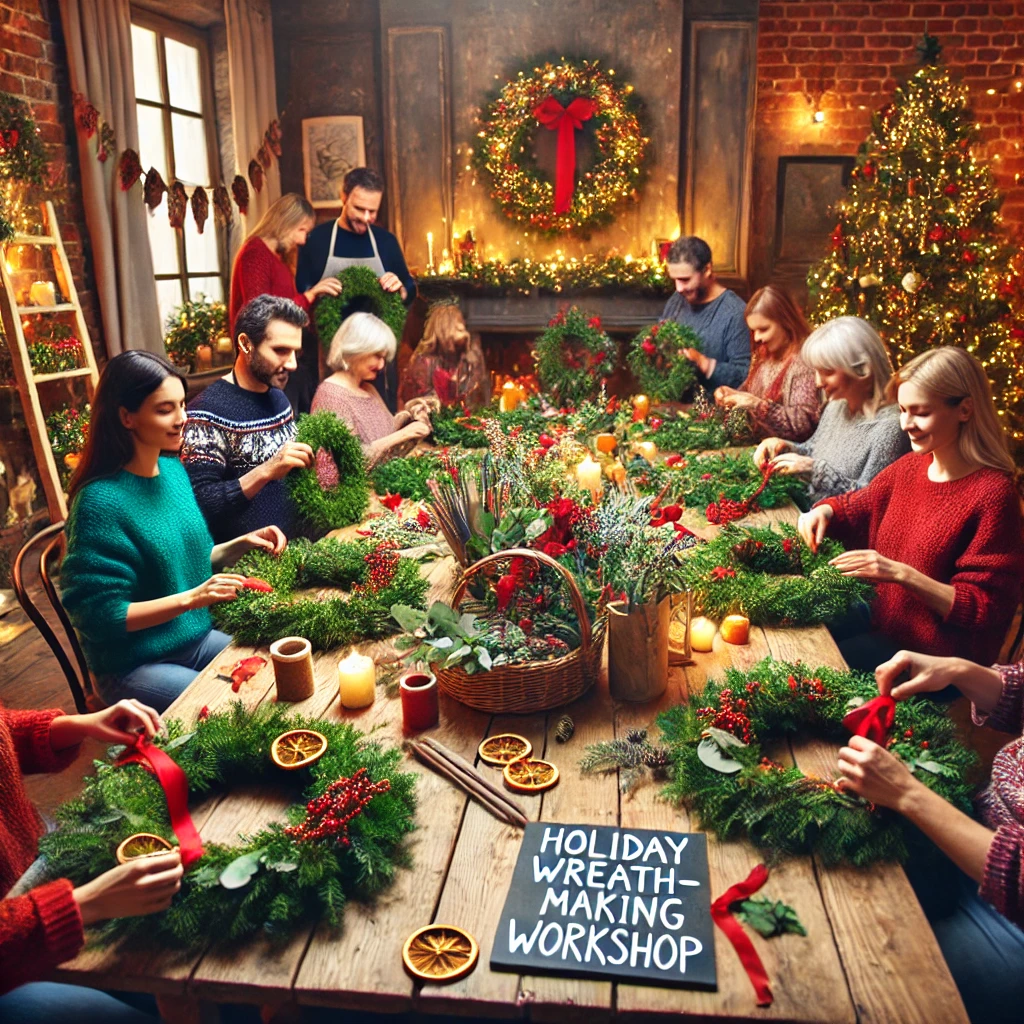 People decorating wreaths.